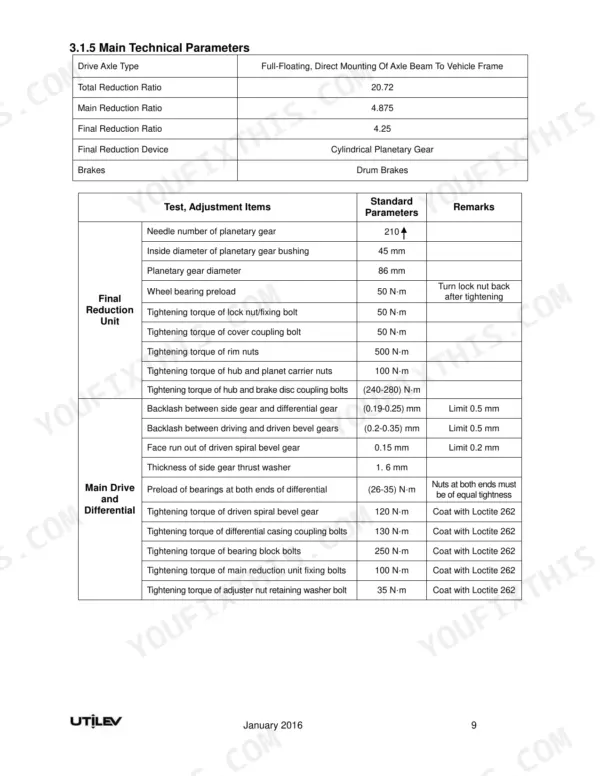 Utilev UT50P, UT60P, UT70P technical parameters and torque specifications for drive axle and differential.