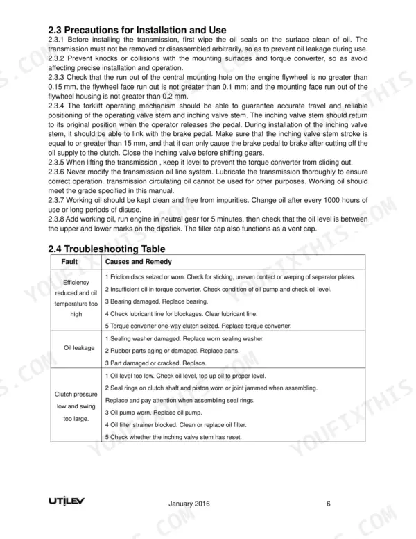 Utilev UT50P, UT60P, UT70P transmission installation precautions and troubleshooting table.