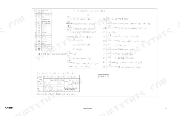 Utilev UT50P, UT60P, UT70P wiring diagram for Cummins 3.3L engine, including pre-heat and start switch table.