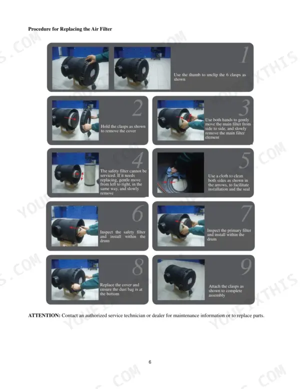 Utilev UT80-100P DSL air filter replacement procedure with 9-step photo guide for removing and installing filter elements.