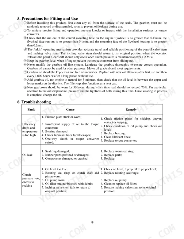 Utilev UT80-100P DSL gearbox fitting precautions and transmission troubleshooting table for efficiency and oil leaks.