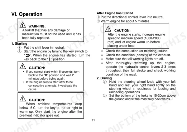 Utilev UT80P DSL, UT100P DSL operations manual page 71 detailing engine starting, warm-up, and driving procedures.