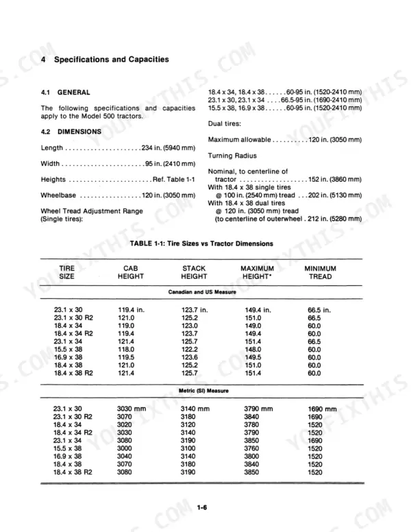 Versatile 500 tractor specifications, dimensions, and Table 1-1 detailing tire sizes versus cab, stack, and maximum heights.