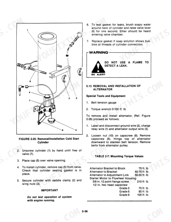 Versatile 500 cold start cylinder removal diagram and alternator mounting torque values table.