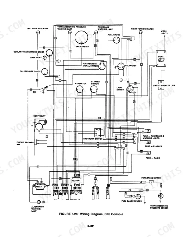 versatile-500-tractor-service-manual-40050010-wiring-356.webp Versatile 500 wiring diagram for cab console, including gauges, switches, relays, fuses, and warning lamps.