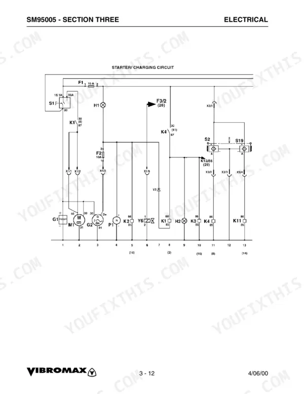 Vibromax 1105, 1106, 1405, 1805 electrical wiring diagram for the starter and charging circuit components.