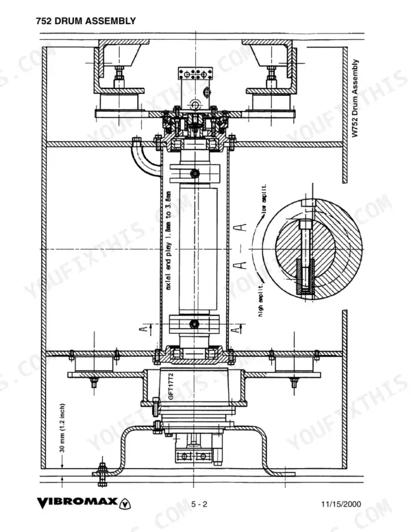Vibromax 752 drum assembly exploded view diagram showing GFT17T2 drive, axial end play, and amplitude settings.