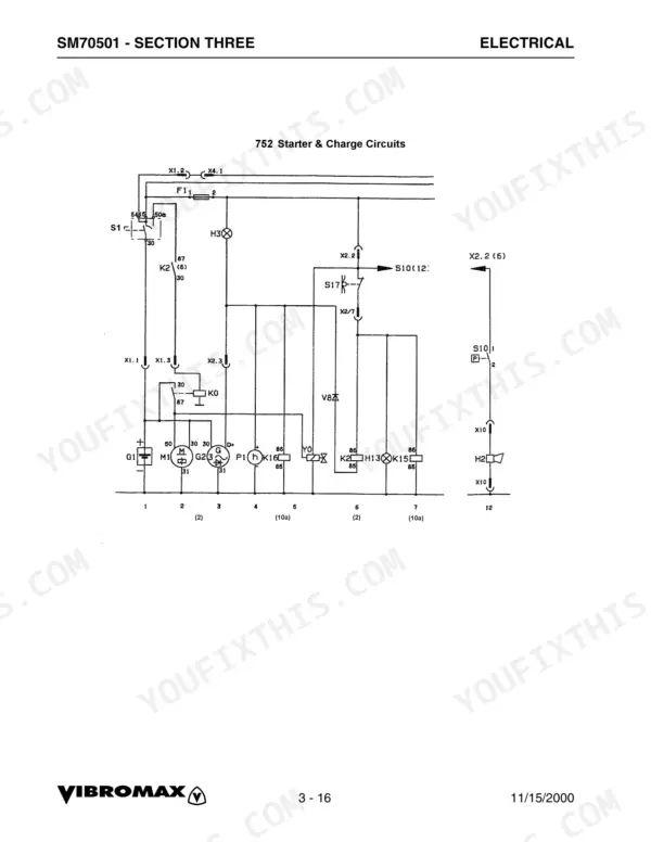 Vibromax 752 electrical wiring diagram showing starter and charge circuits with relays, switches, and battery components.
