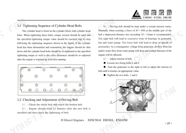 Xinchai 4D27G31...4D35T31/502 cylinder head bolt tightening sequence diagram and driving belt tension adjustment procedure.