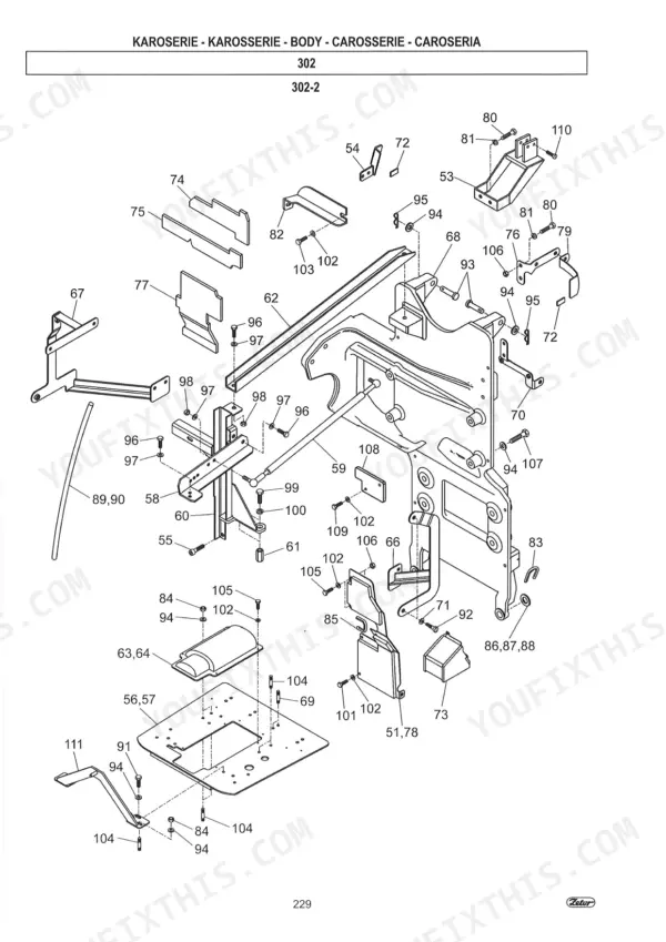 Zetor Proxima Power 90-120 exploded view diagram of tractor body, cab panels, brackets, and mounting hardware components.