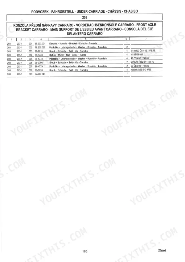 Zetor Proxima Power 90-120 parts list for Carraro front axle bracket, including bolts, nuts, washers, and Loctite 243 specifications.