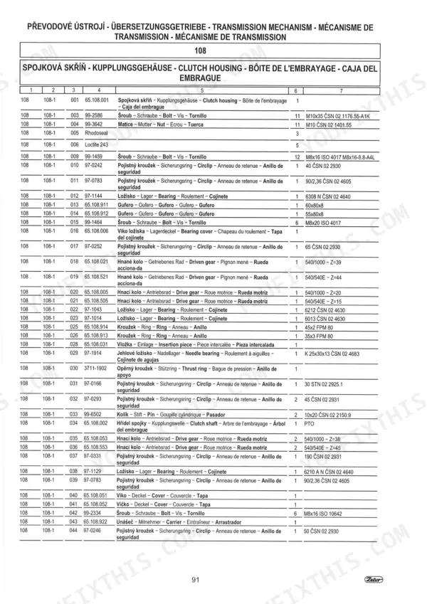 Zetor Proxima Power 90-120 parts list for clutch housing, transmission mechanism, bearings, gears, and shafts.