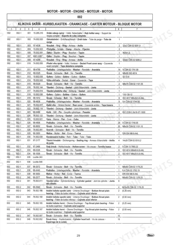 zetor-proxima-power-90-proxima-power-100-proxima-power-110-proxima-power-120-tractor-parts-catalog-engine-parts-28.webp Zetor Proxima Power 90-120 parts list table for engine crankcase components, including bolts, gaskets, and thrust bearings.