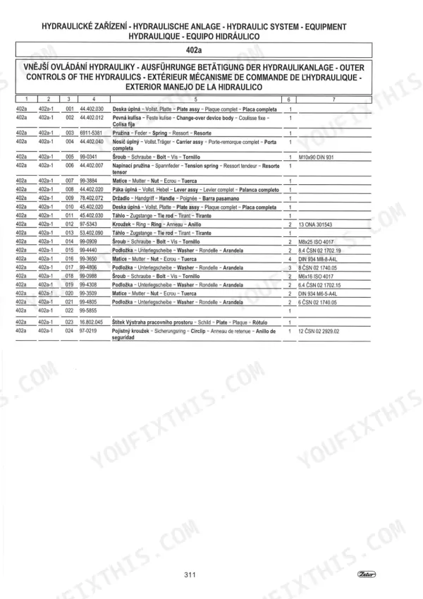 Zetor Proxima Power 90-120 parts list for hydraulic system outer controls, including plates, springs, and linkage components.